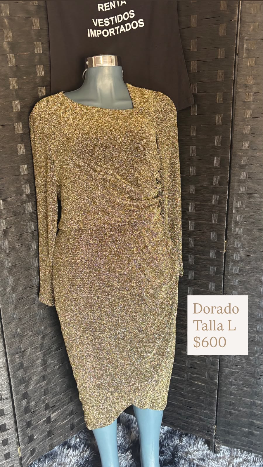 Vestido Dorado Glitter Drapeado — vestido importado