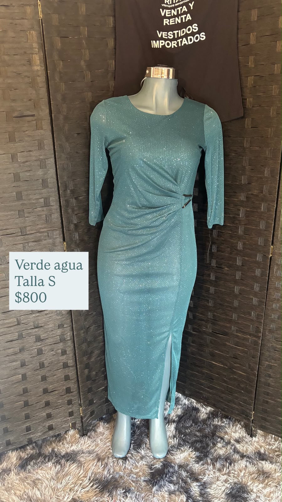 Vestido Verde Agua Glitter Manga Larga — vestido importado