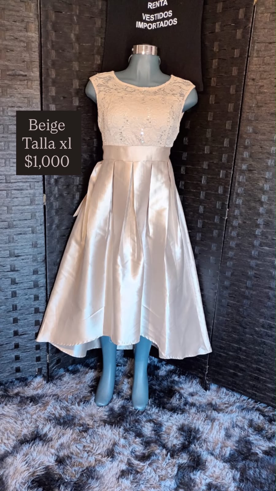 Vestido Beige de Encaje y Satín — vestido importado