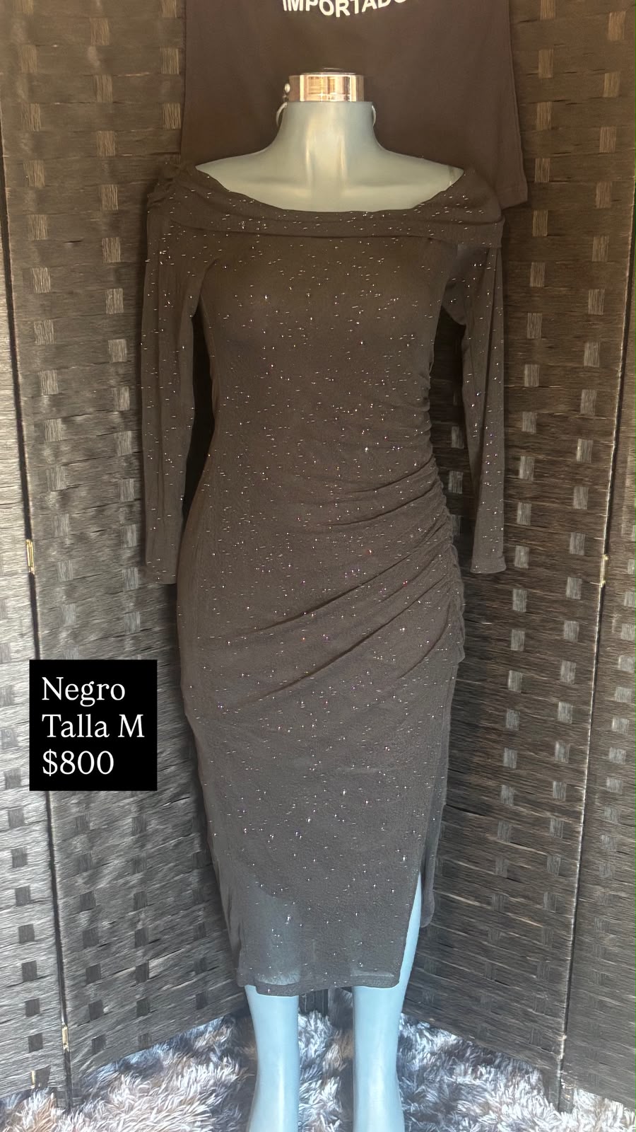 Vestido Negro Glitter de Hombros Caídos — vestido importado
