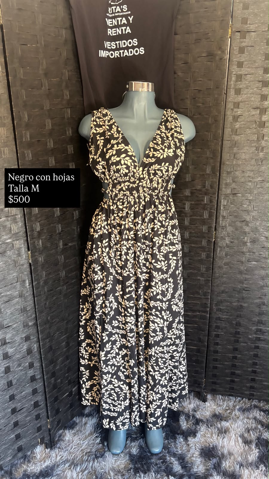 Maxi Vestido Negro con Hojas — vestido importado