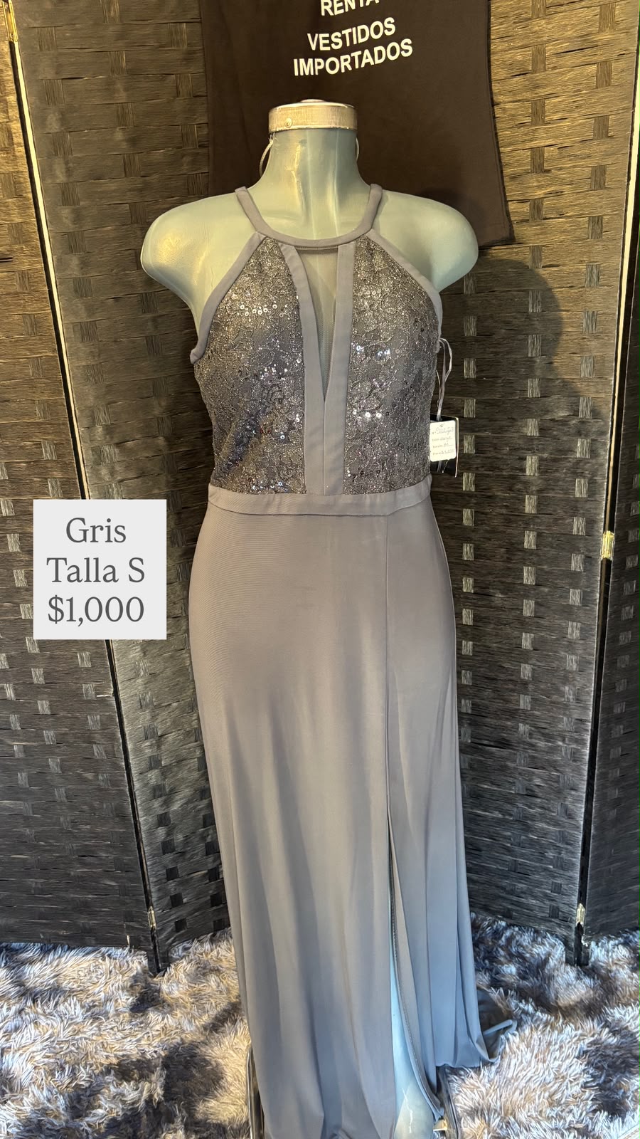Vestido Gris con Lentejuelas — vestido importado