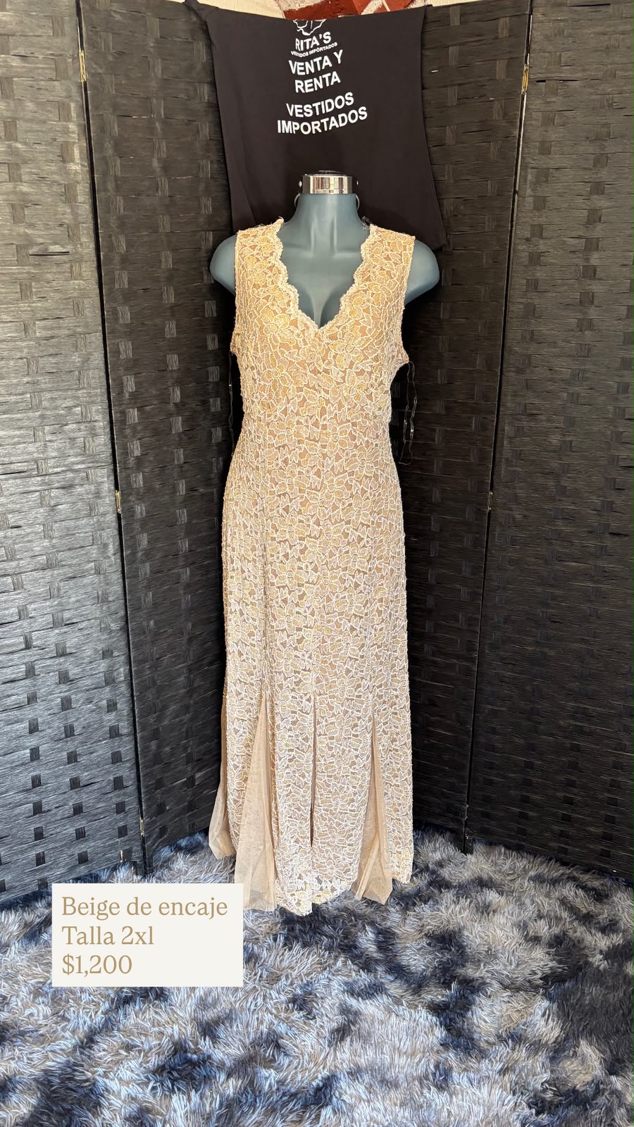 Vestido Beige de Encaje Largo — vestido importado