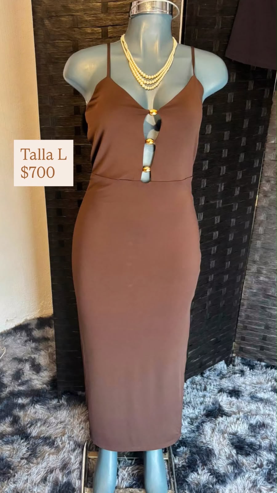 Vestido Café con Botones Dorados — vestido importado