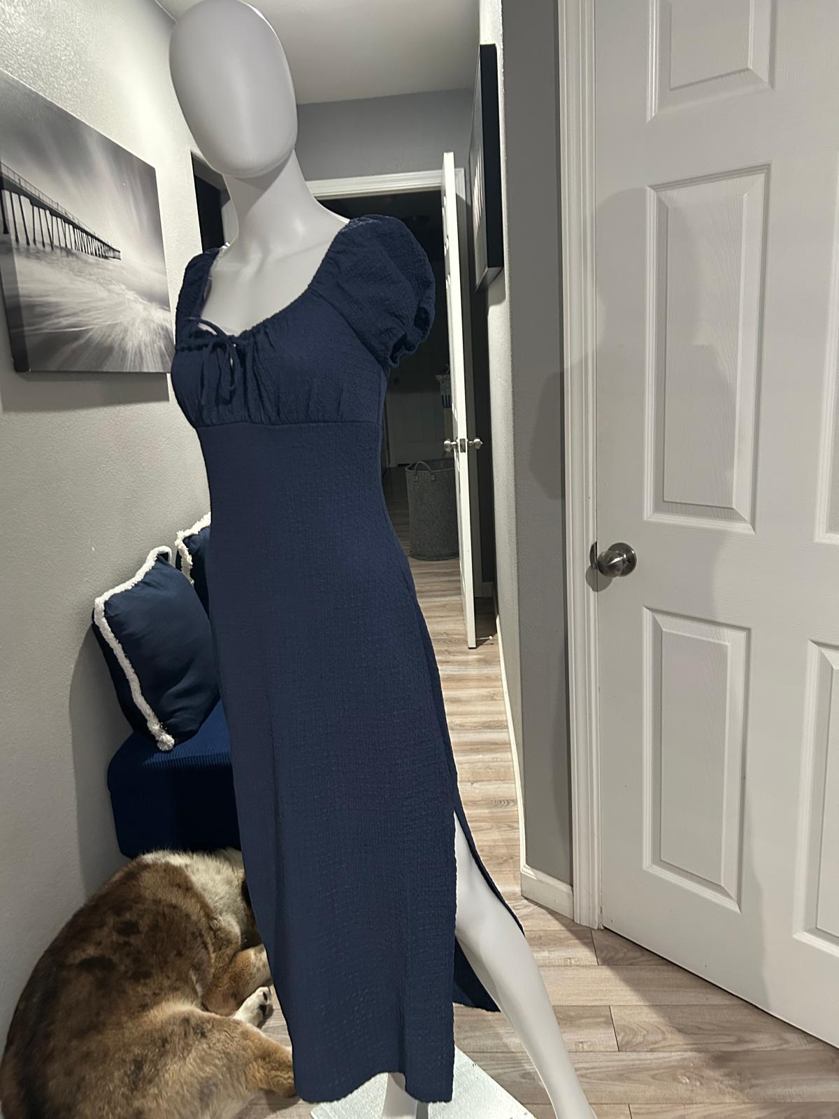 Vestido Azul Marino Manga Abullonada — vestido importado
