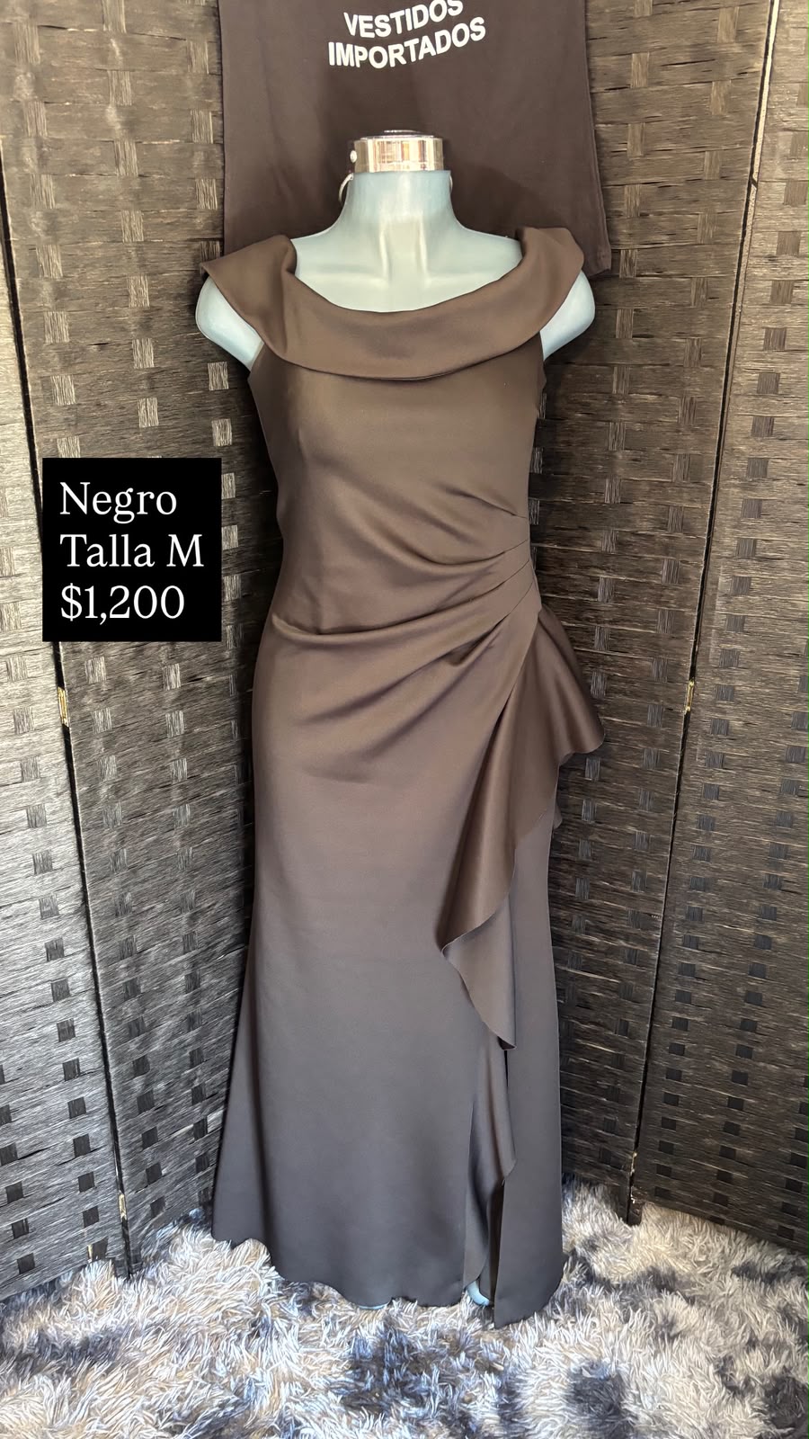 Vestido Negro Drapeado Largo — vestido importado